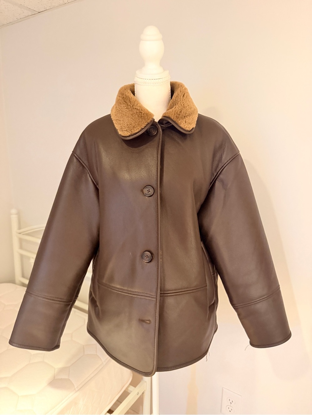 Pull&Bear Brown Leather Jacket with Tan Shearling Collar